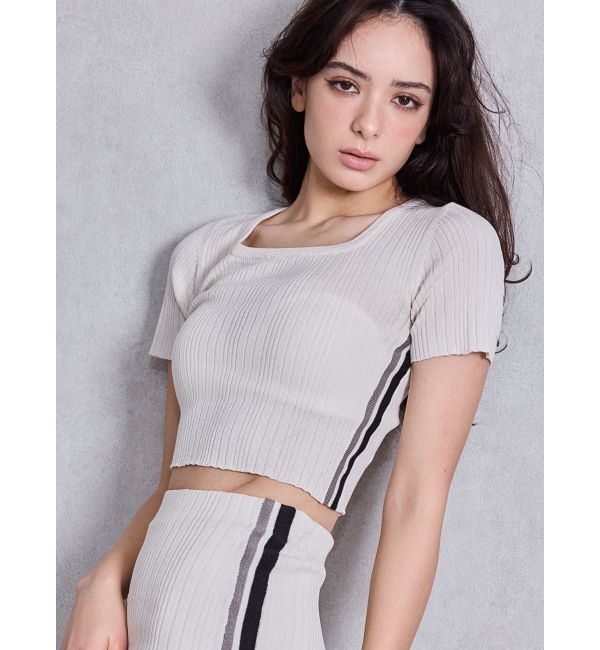 GYDA「サイドラインハーフスリーブニットトップス」|ニット・セーター|アイボリー