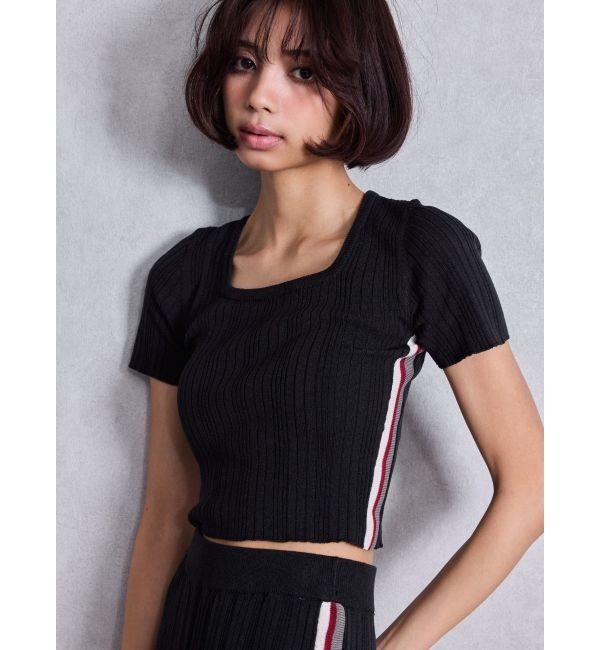 GYDA「サイドラインハーフスリーブニットトップス」|ニット・セーター|