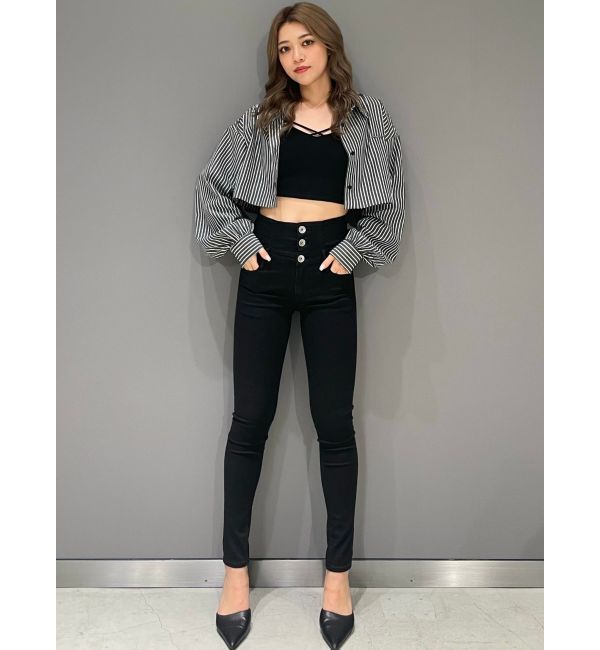 GYDA「ハイウエストウエストクロススキニーデニムパンツ」|デニム|