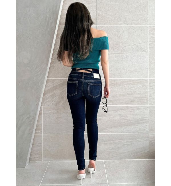 GYDA「ハイウエストウエストクロススキニーデニムパンツ」|デニム|