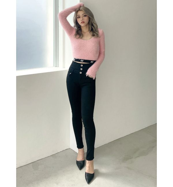 GYDA「ハイウエストウエストクロススキニーデニムパンツ」|デニム|