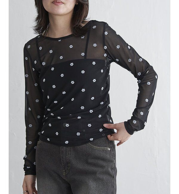 VENCE share style「シアーフラワーフロッキープルオーバー」|Tシャツ・カットソー|ブラック