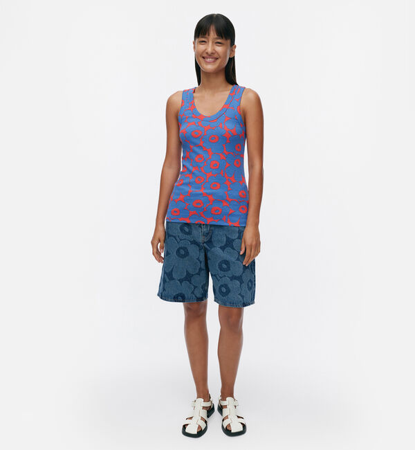 Marimekko「Uusia Unikko カットソー」|シャツ・ブラウス|ブルー&times;レッド