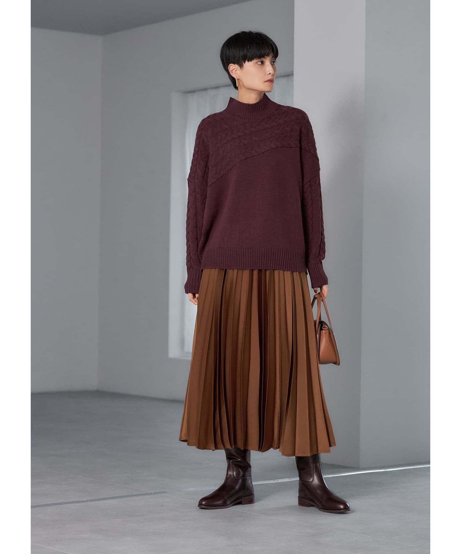  「ケーブル編み切替スタンドネックニット」|ニット・セーター|