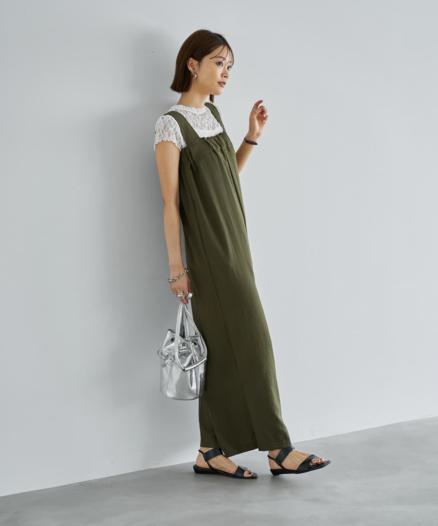 STYLE DELI「さらさらシボ生地スリット入りサロペット」|オールインワン|