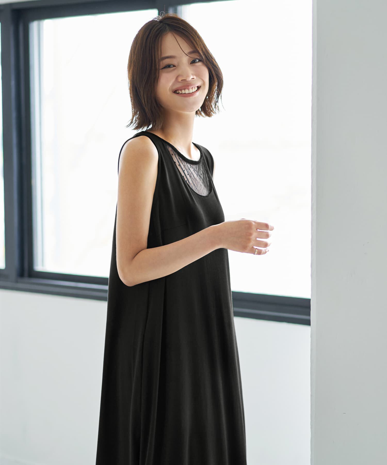 STYLE DELI「デコルテがシアーなドット柄カットソーワンピース」|ワンピース|