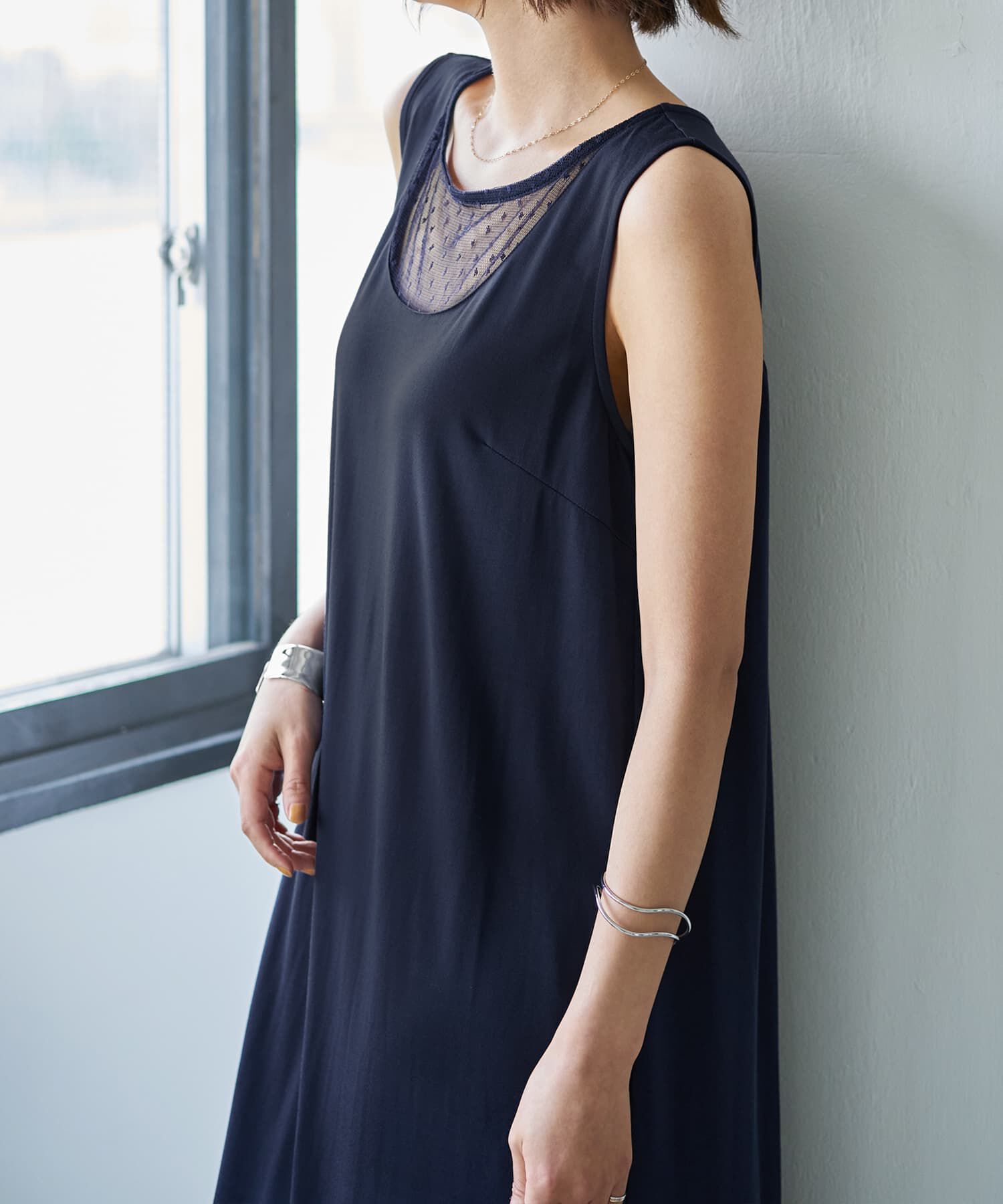 STYLE DELI「デコルテがシアーなドット柄カットソーワンピース」|ワンピース|