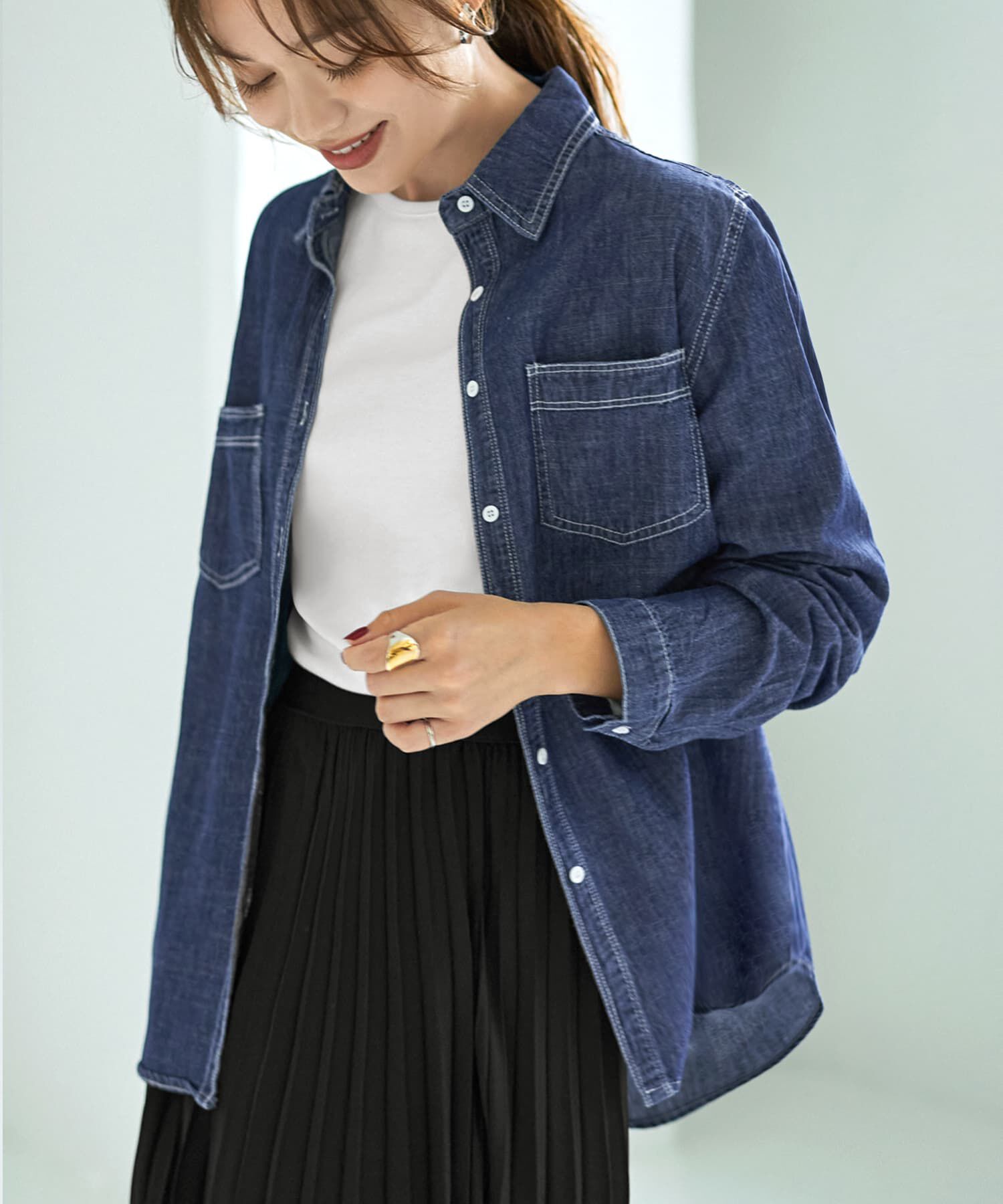 STYLE DELI「織り糸柄状ブリーチデニムシャツ」|シャツ・ブラウス|ダークブルー