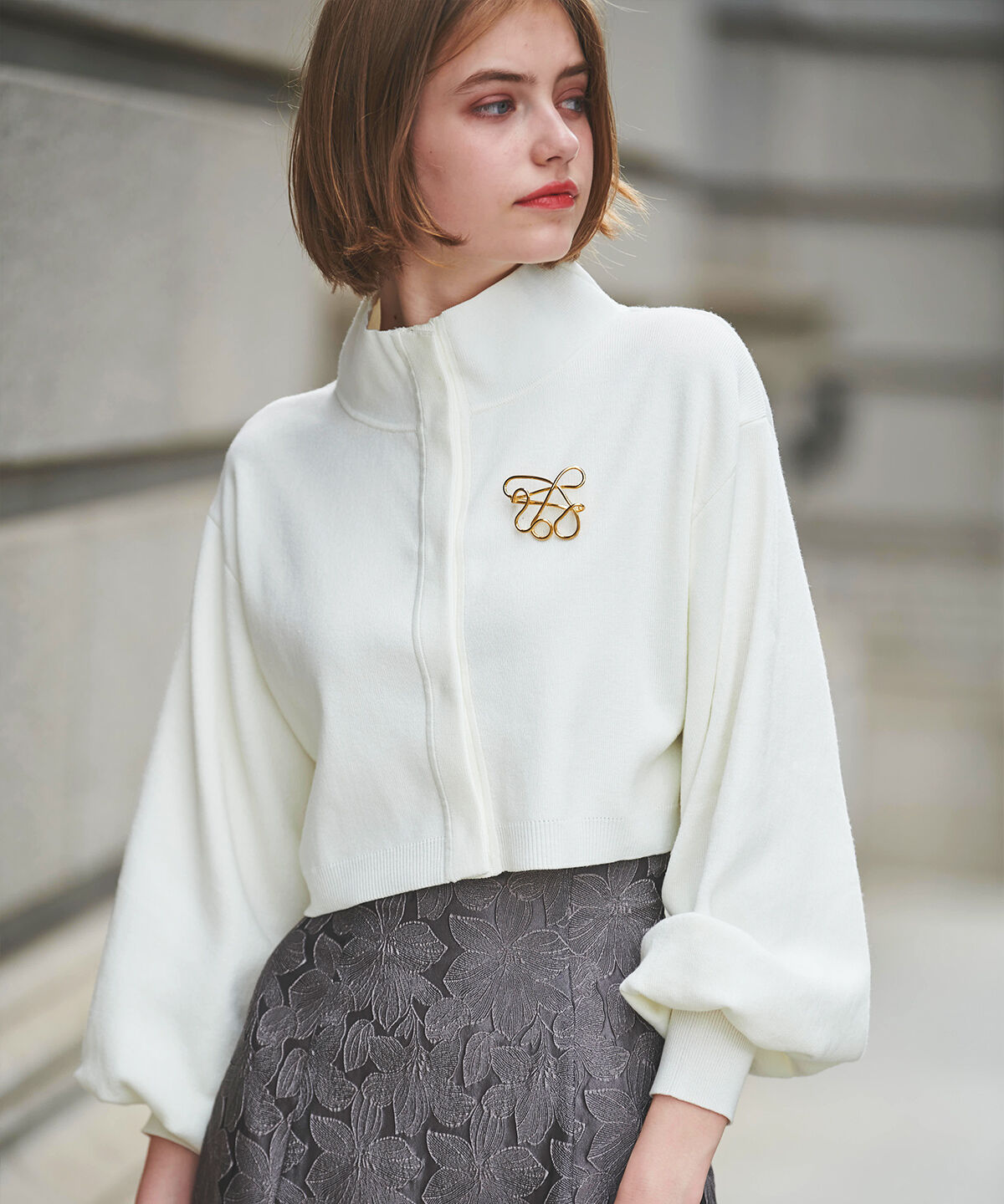 アンドクチュール「クロップトスタンドネックニットジャケット」|ノーカラージャケット|