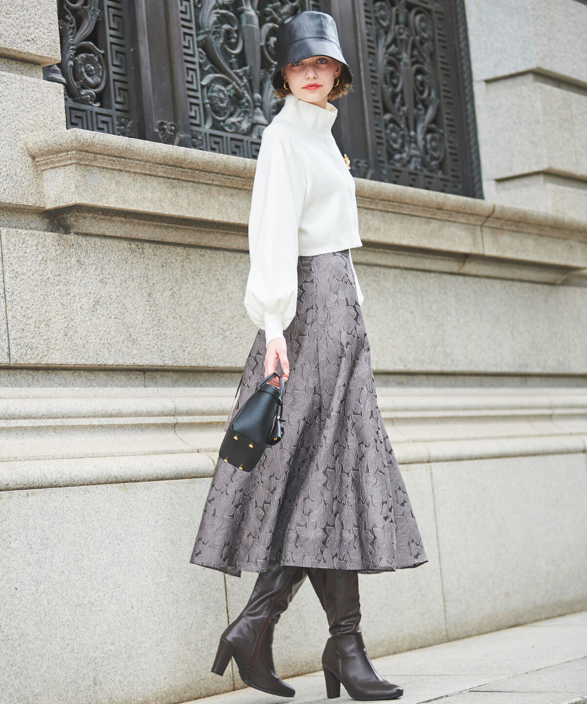 アンドクチュール「クロップトスタンドネックニットジャケット」|ノーカラージャケット|