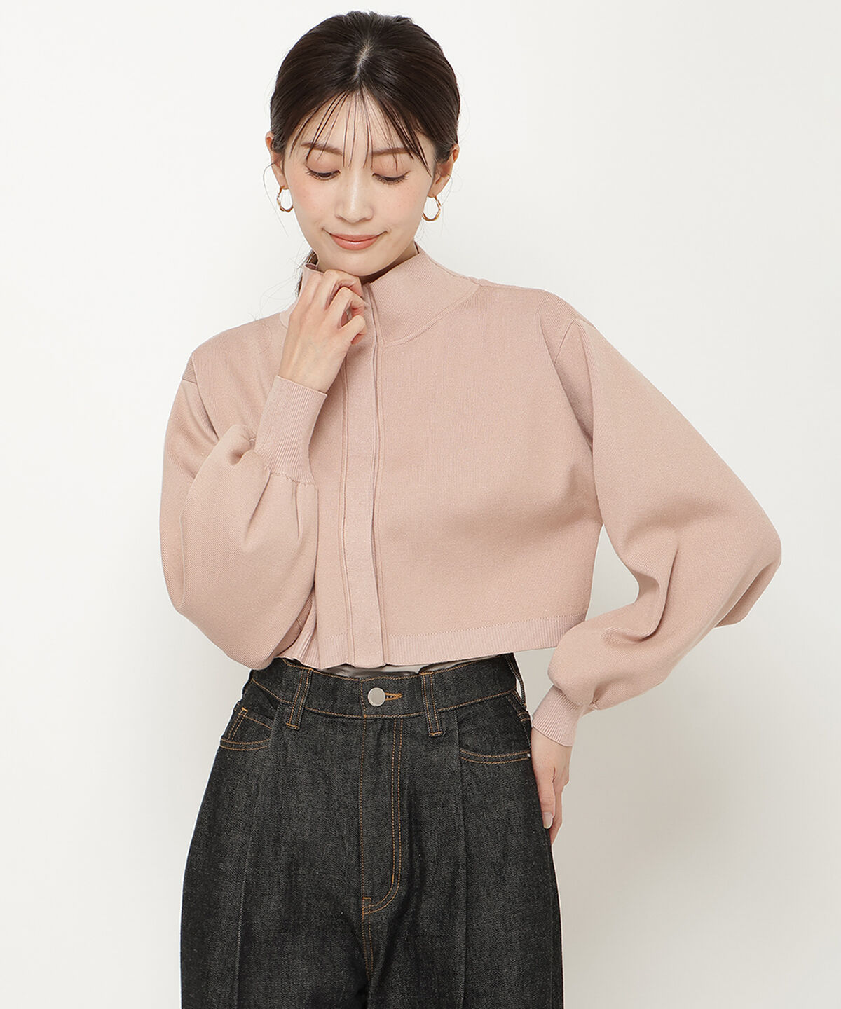 アンドクチュール「スタンドネッククロップドニットジャケット」|カーディガン|オレンジ