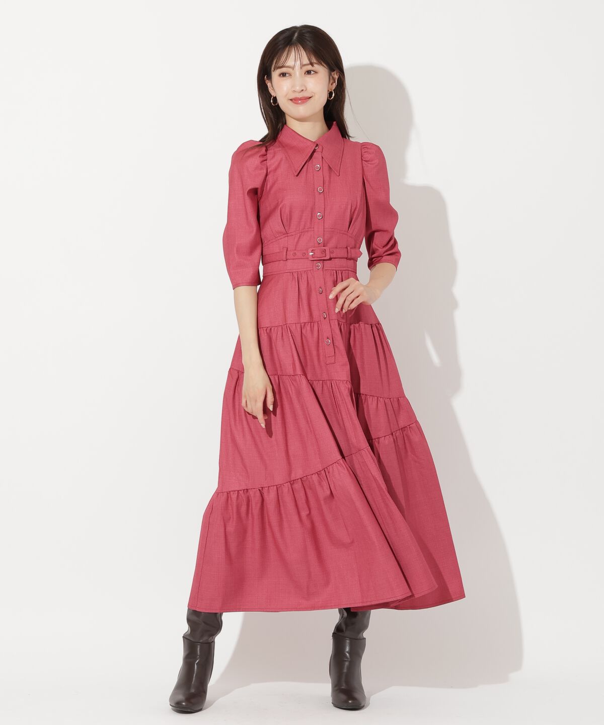 アンドクチュール「ベルト付ティアードシャツワンピース」|ワンピース|ボルドー