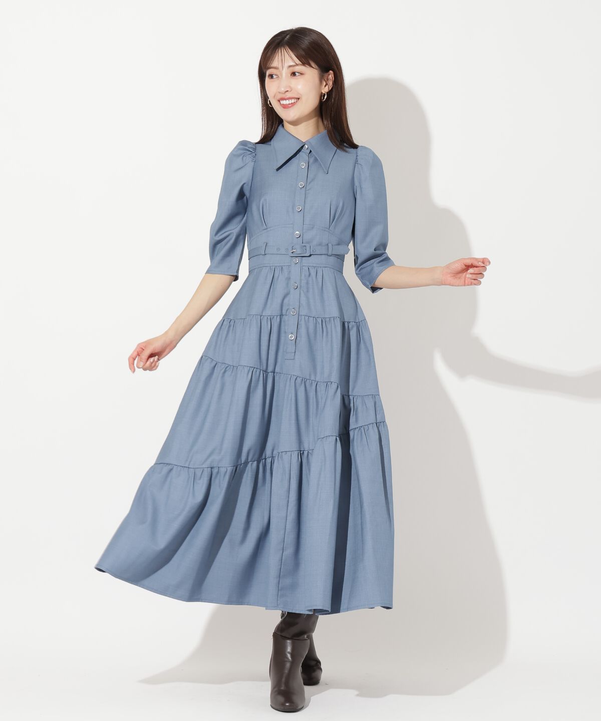アンドクチュール「ベルト付ティアードシャツワンピース」|ワンピース|