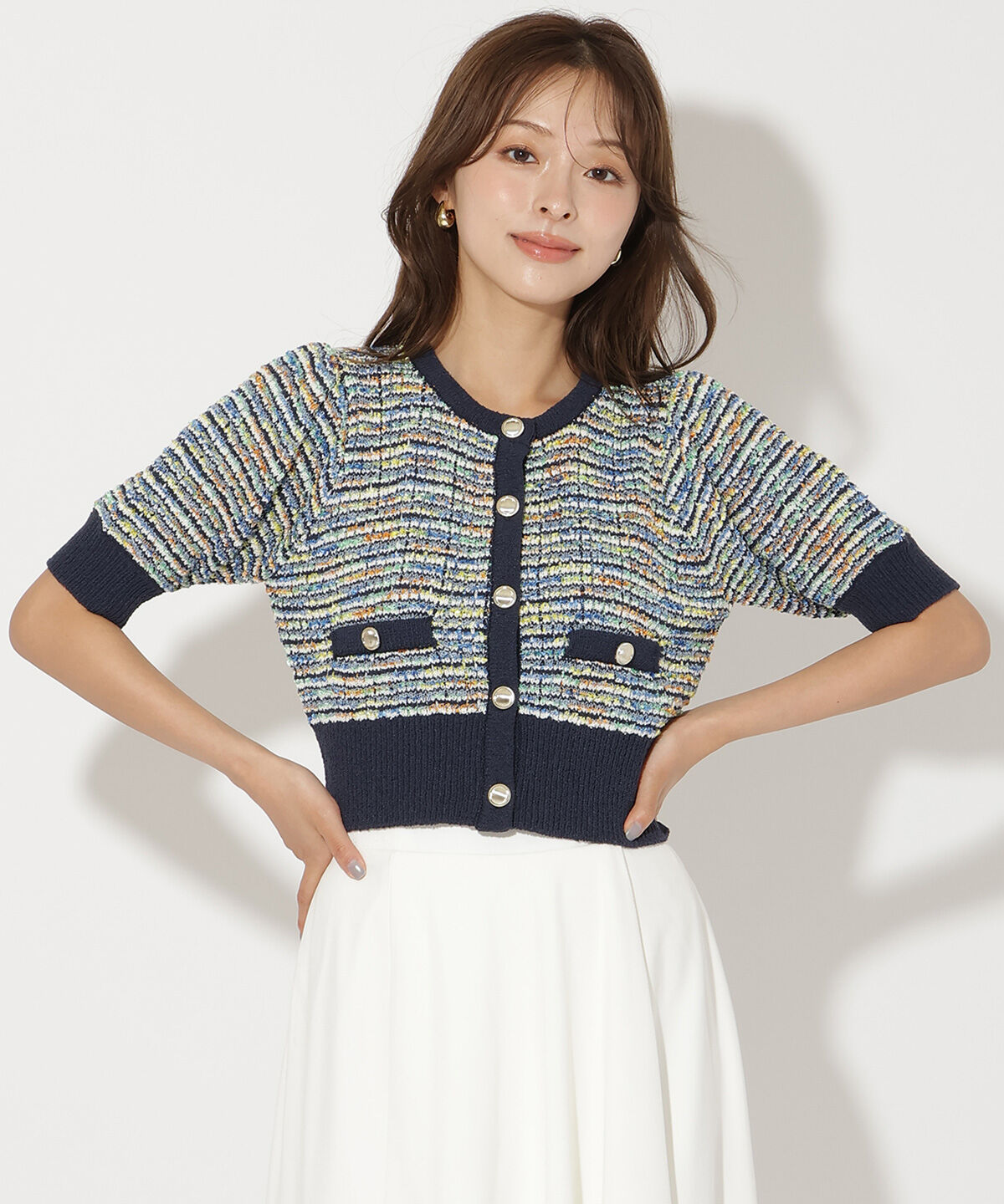 アンドクチュール「MIX配色5分袖プルオーバー」|ニット・セーター|