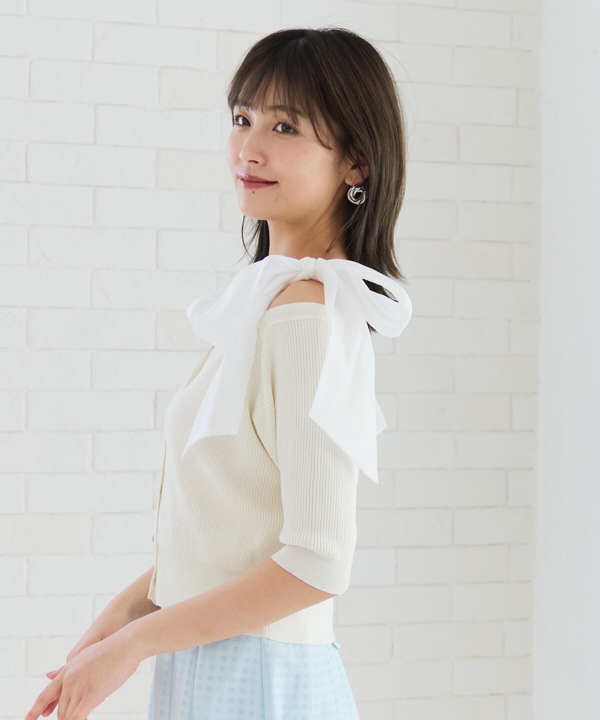 REDYAZEL「ショルダーリボンオフショルニットトップス」|カーディガン|