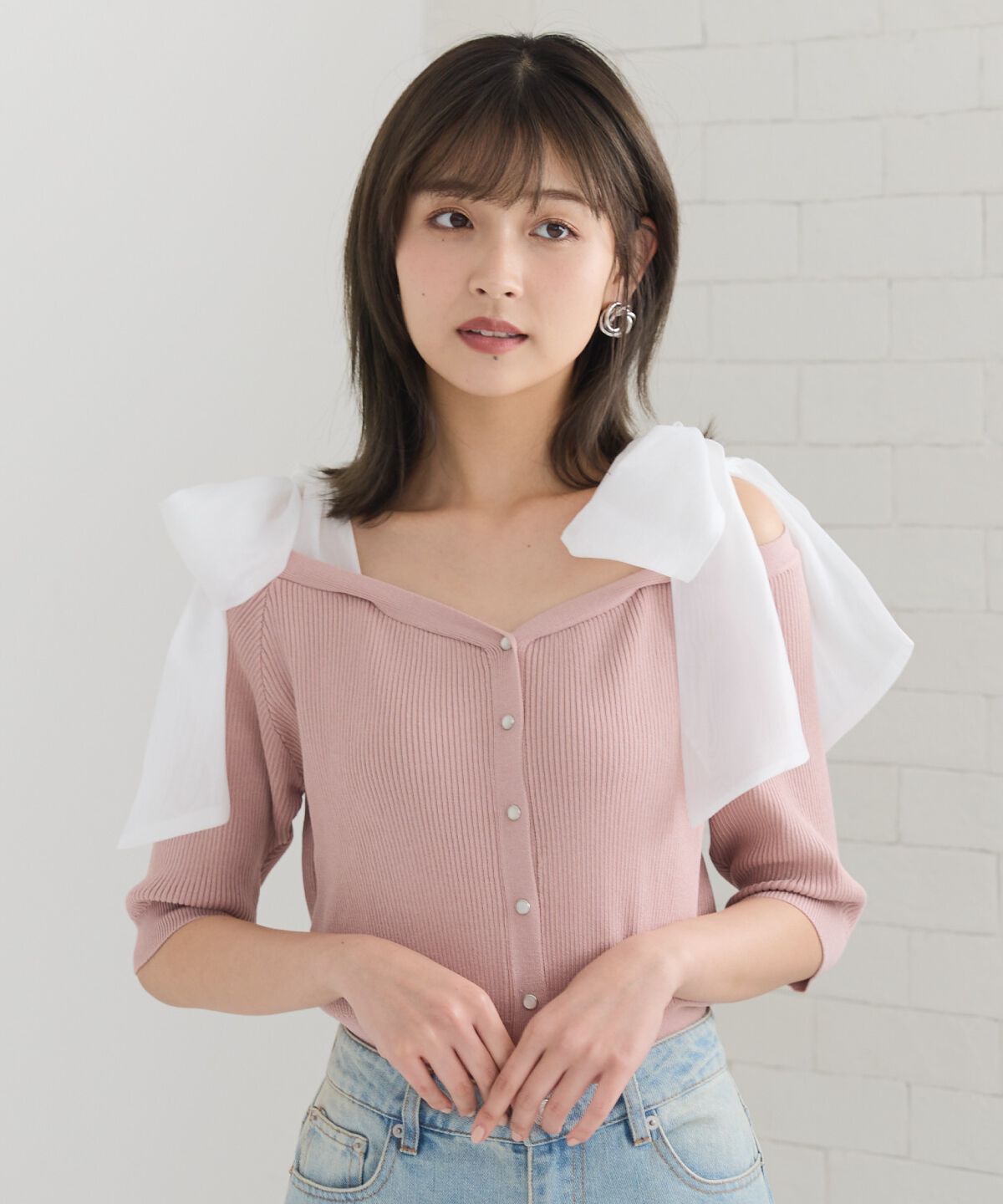 REDYAZEL「ショルダーリボンオフショルニットトップス」|カーディガン|