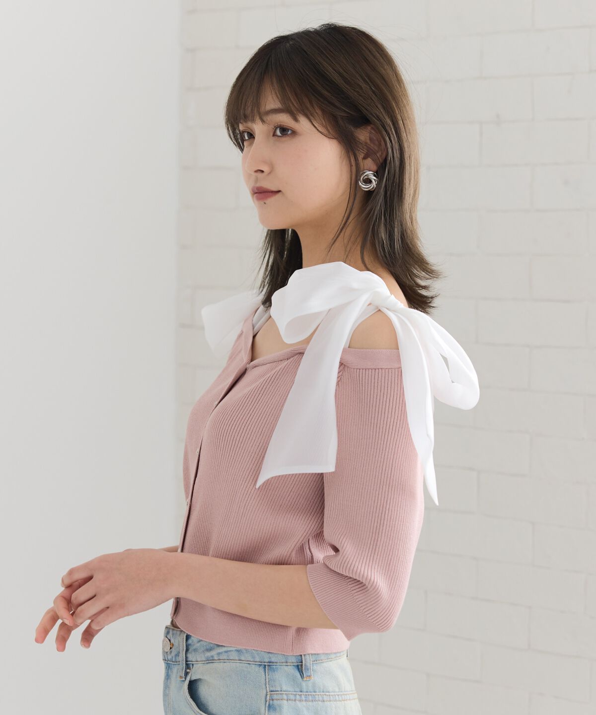 REDYAZEL「ショルダーリボンオフショルニットトップス」|カーディガン|