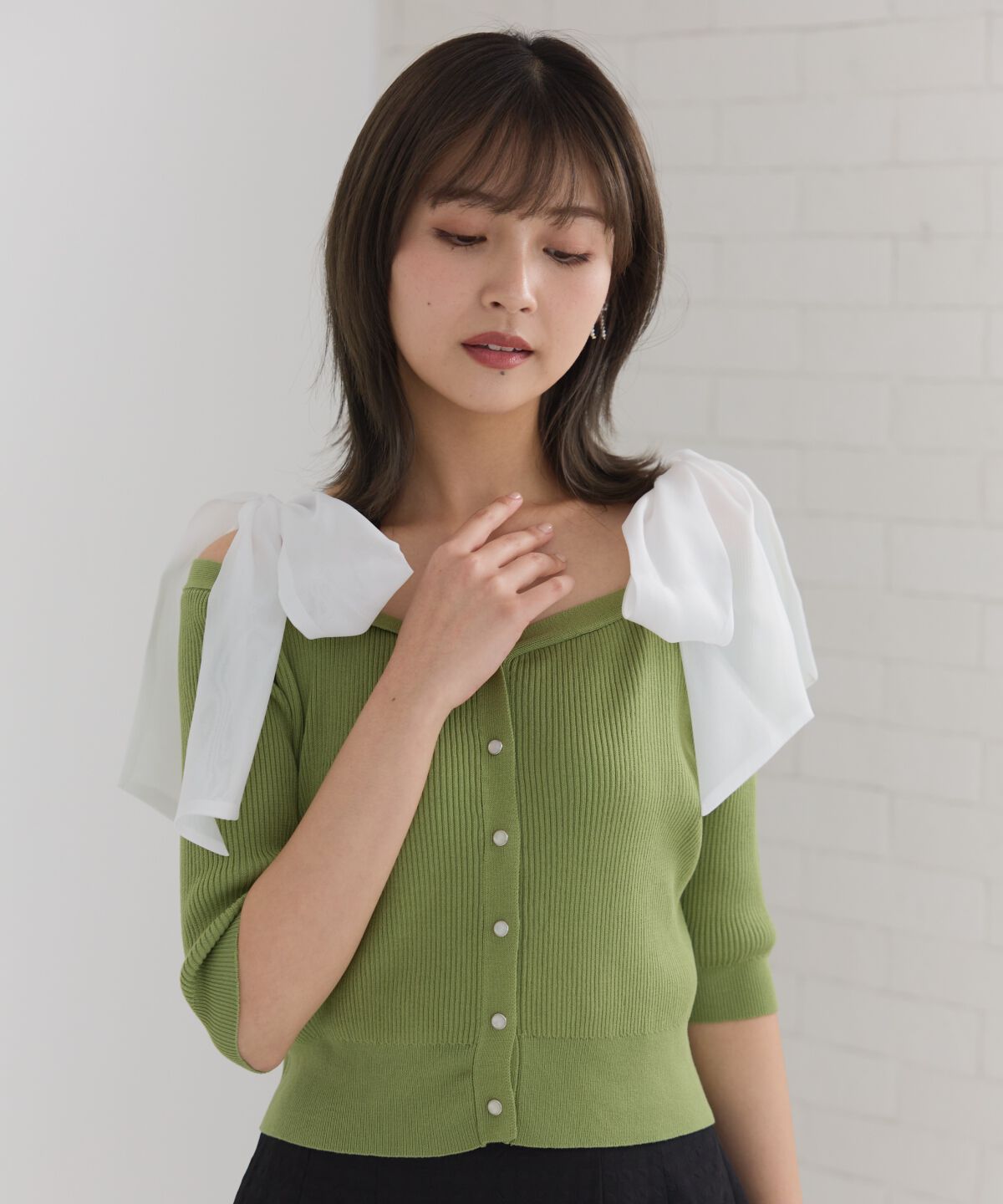 REDYAZEL「ショルダーリボンオフショルニットトップス」|カーディガン|