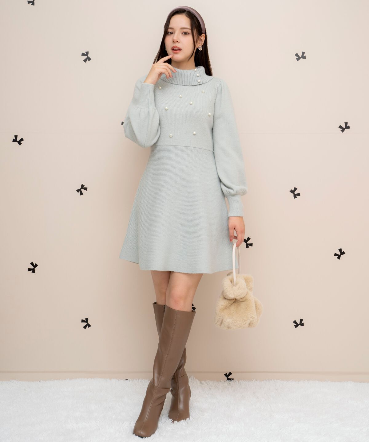 WILLSELECTION「パール付きタートルネックニットワンピース」|ワンピース|ミント