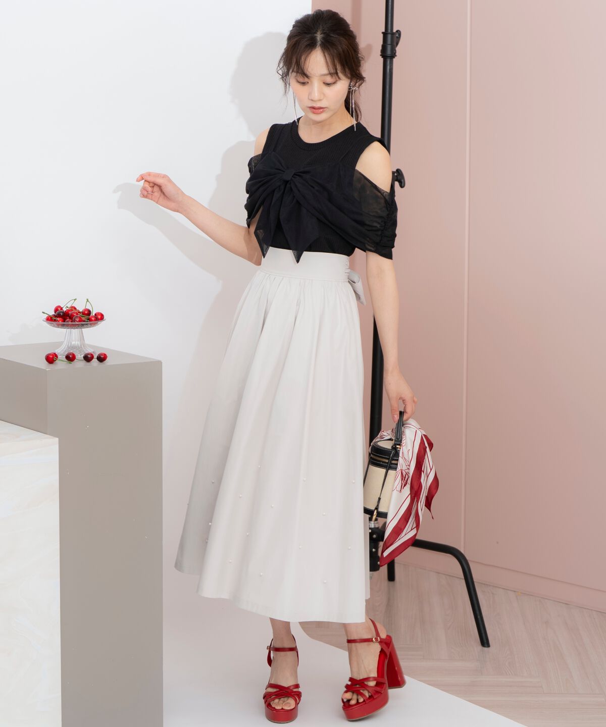 WILLSELECTION「バックリボンパールギャザースカート」|フレア|