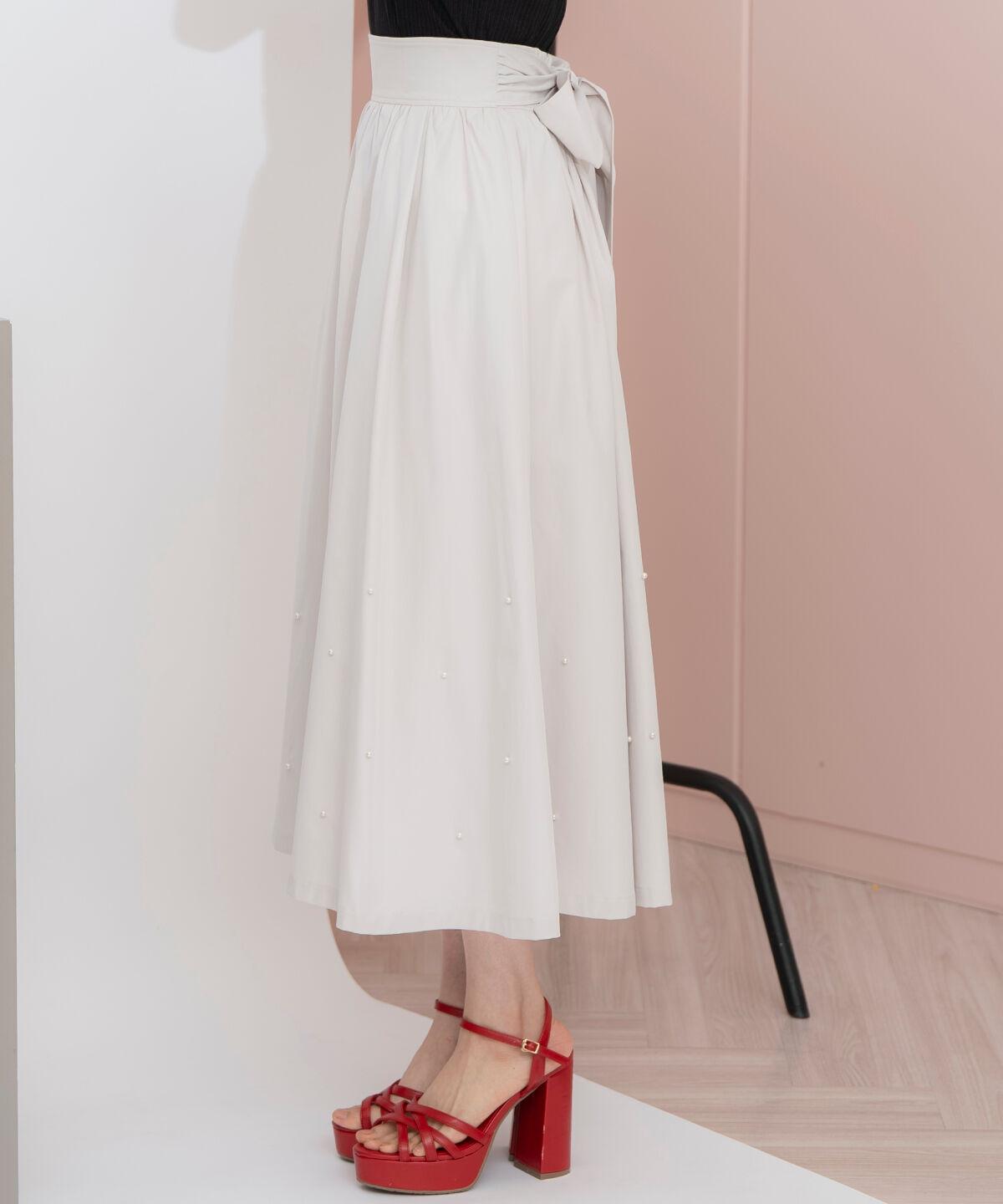 WILLSELECTION「バックリボンパールギャザースカート」|フレア|