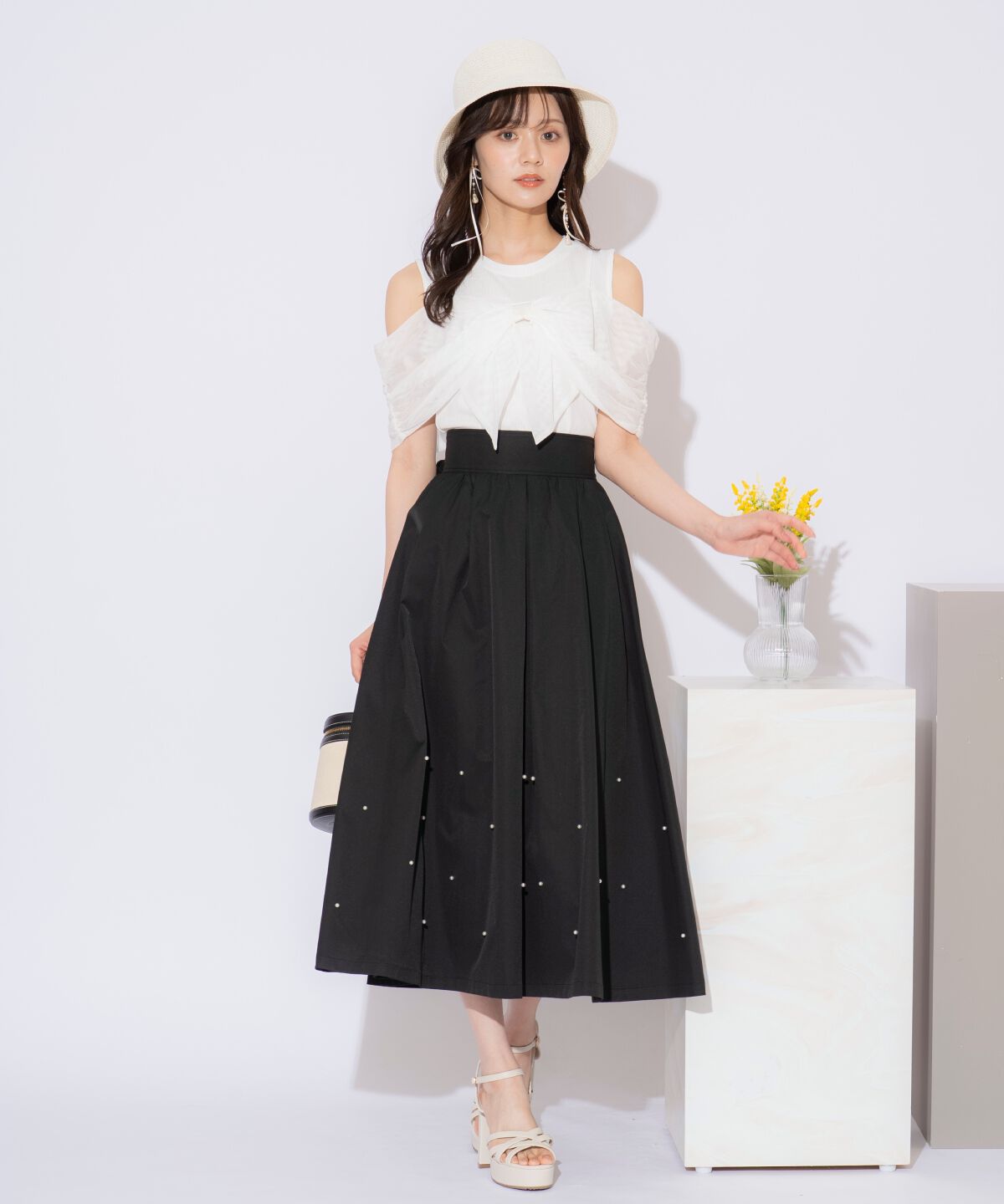 WILLSELECTION「バックリボンパールギャザースカート」|フレア|