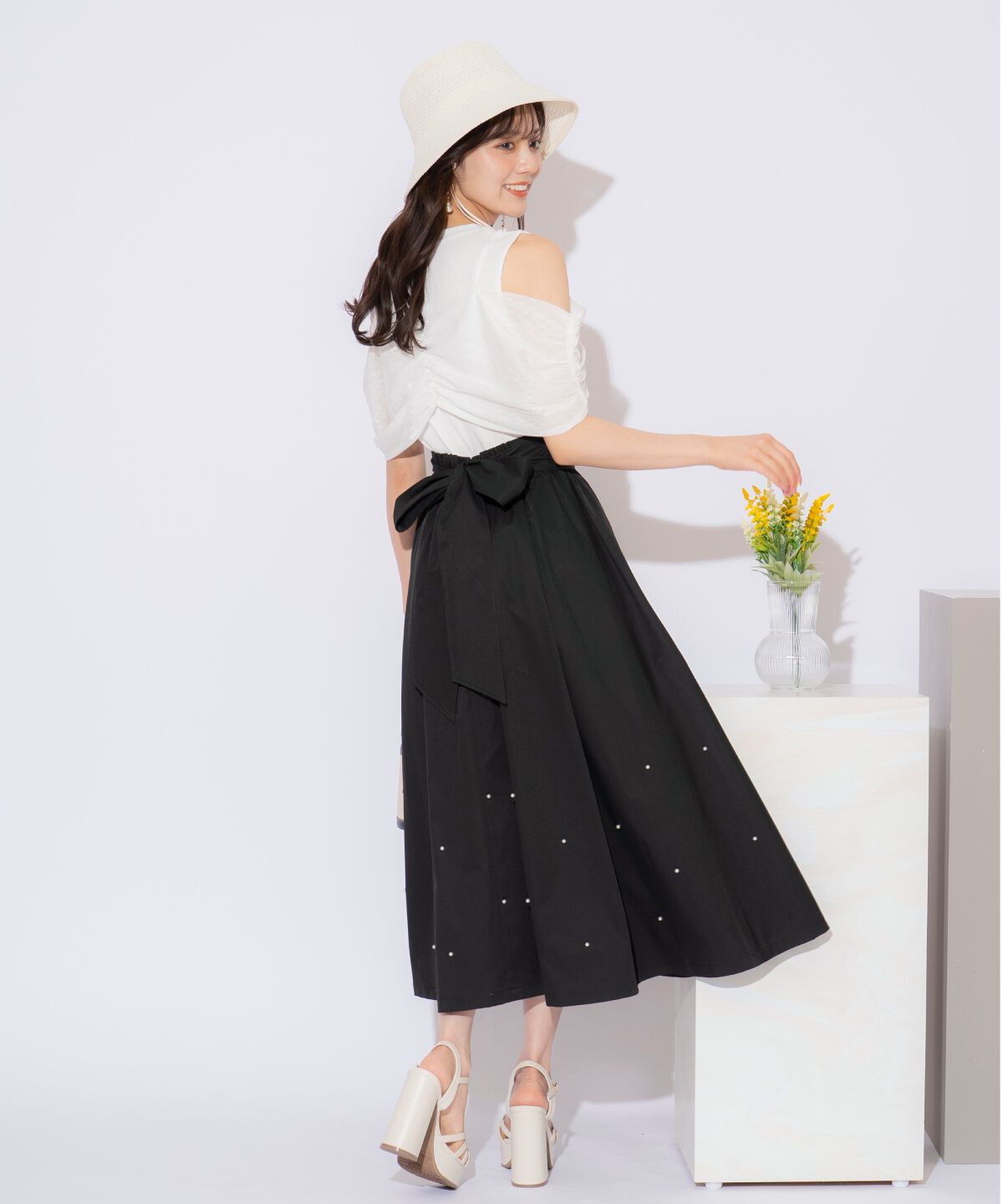 WILLSELECTION「バックリボンパールギャザースカート」|フレア|