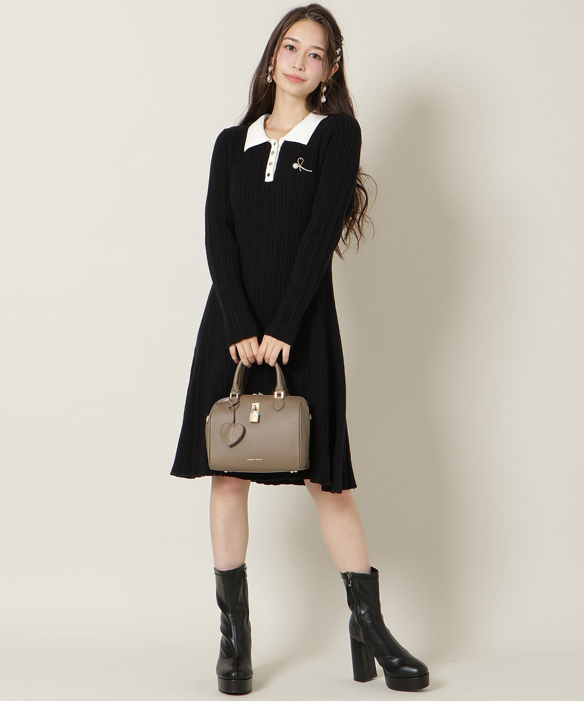 WILLSELECTION「ポロカラーフレアニットワンピース」|ワンピース|ブラック