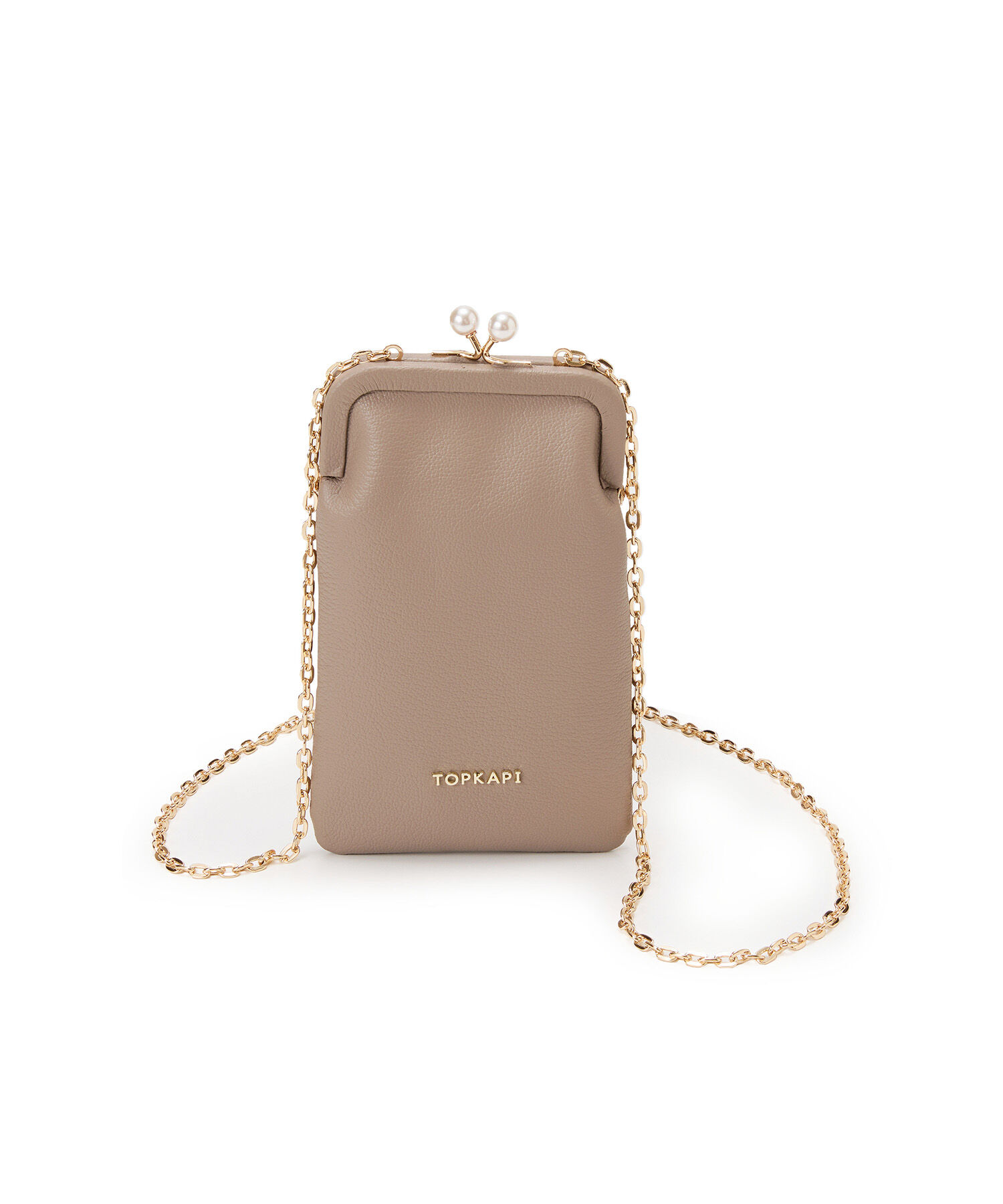 TOPKAPI 「【TOPKAPI】シュリンクレザー パール チェーン ショルダー バッグ / スマホショルダー」|モバイルケース|グレージュ
