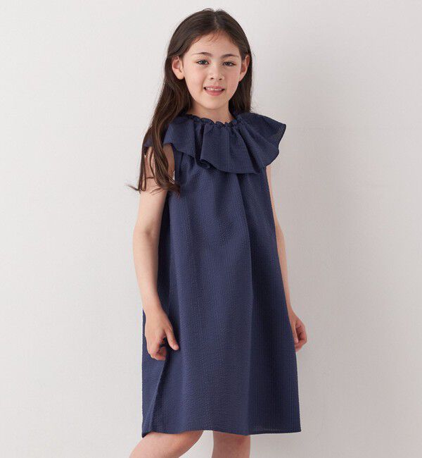 SHIPS any「SHIPS any: シアサッカー フリルカラー ノースリーブ ワンピース <KIDS>」|ワンピース|ネイビー