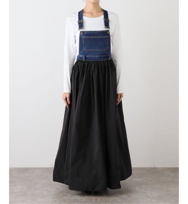 SLOBE IENA「ESTHE/エステ Denim and Poplin Dungaree Maxi Dre」|ワンピース|ブラック