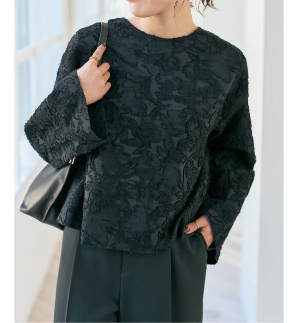 Spick and Span「フラワージャガード クルーネックブラウス」|シャツ・ブラウス|ブラック