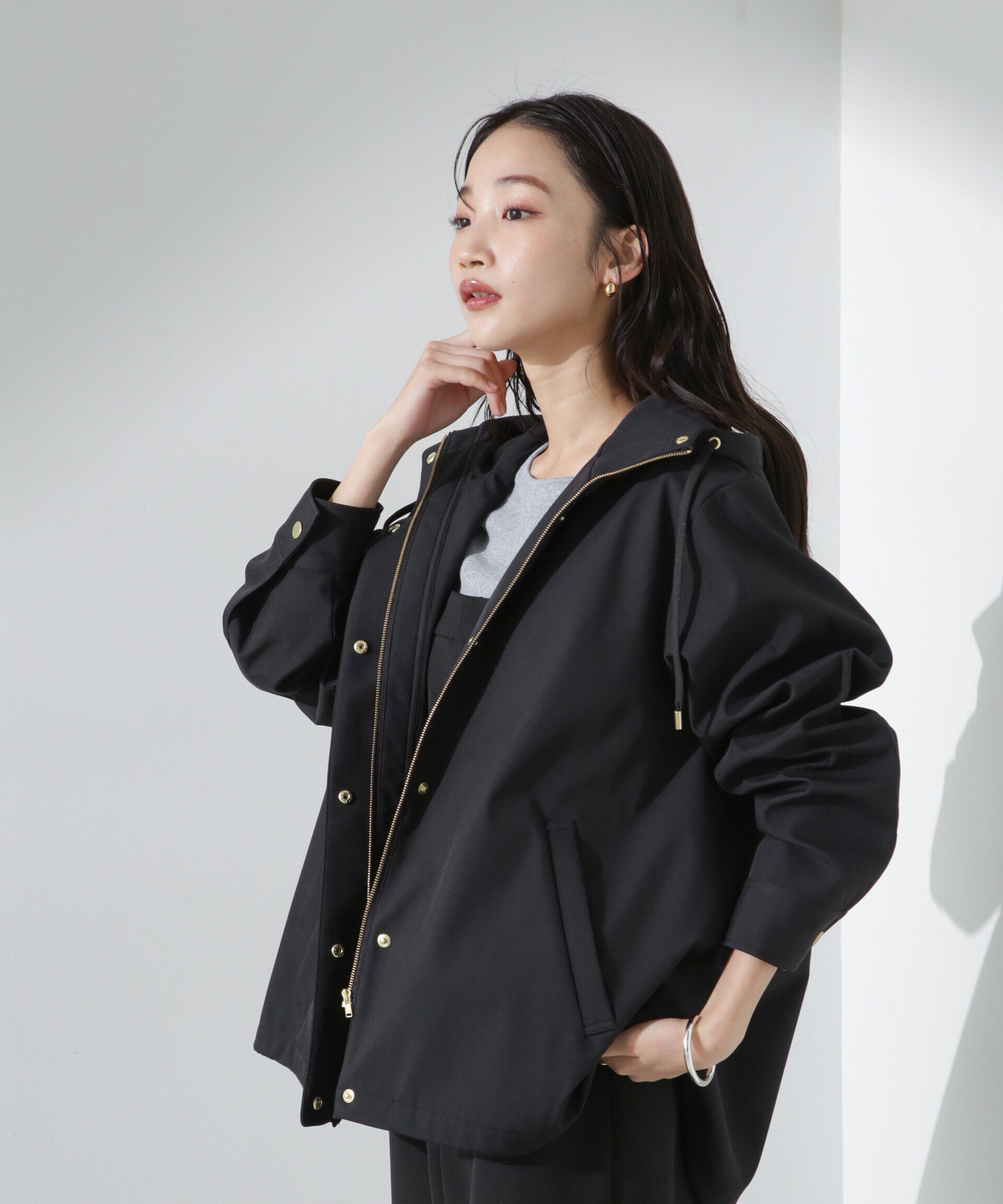 nano･universe「撥水＆花粉ガード フードブルゾン」|ブルゾン・スタジャン|ブラック