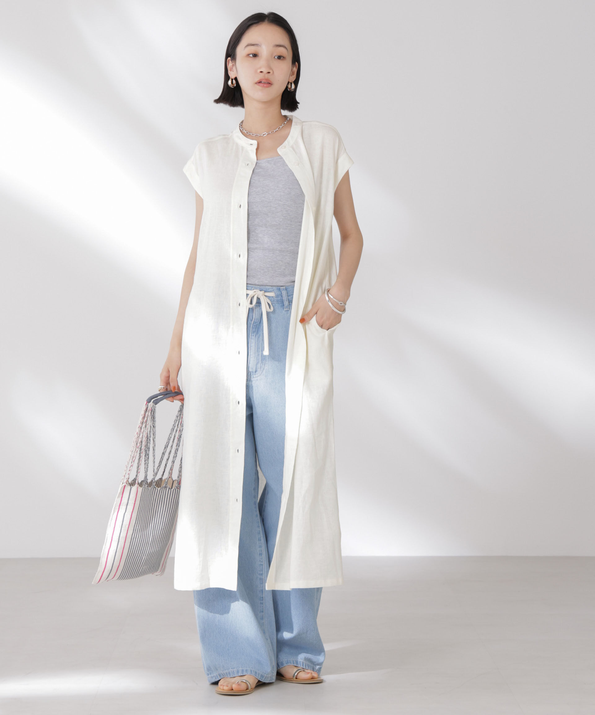 nano･universe「Anti Smell Linen フレンチスリーブワンピース」|ワンピース|ホワイト