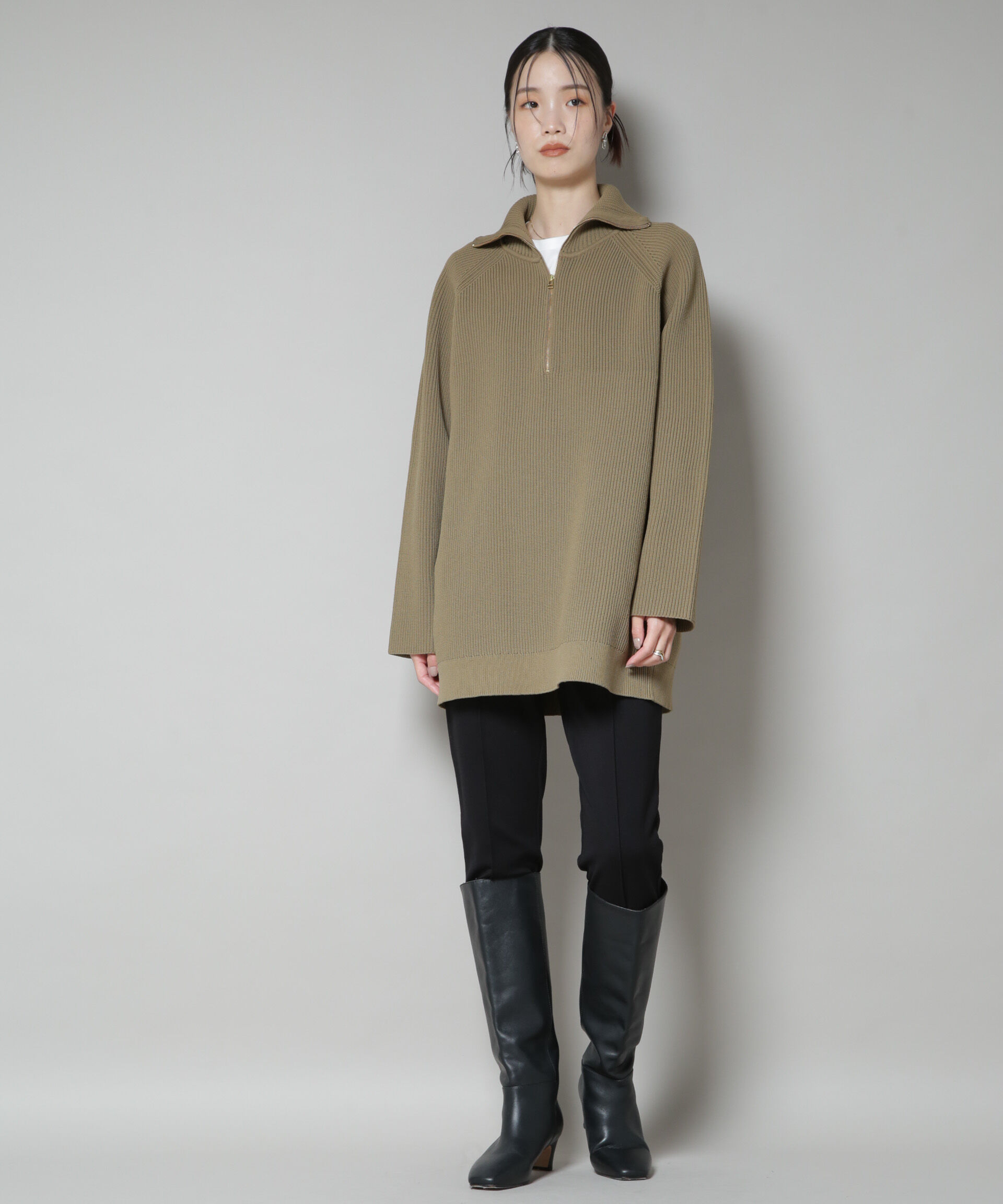 nano･universe「片畦ニットハーフジップミニワンピース」|ワンピース|カーキ