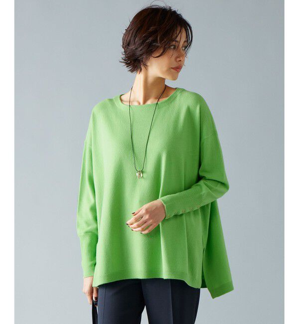 自由区「【洗える】ソフトウールハイゲージポンチョ風 ニット」|ニット・セーター|グリーン系