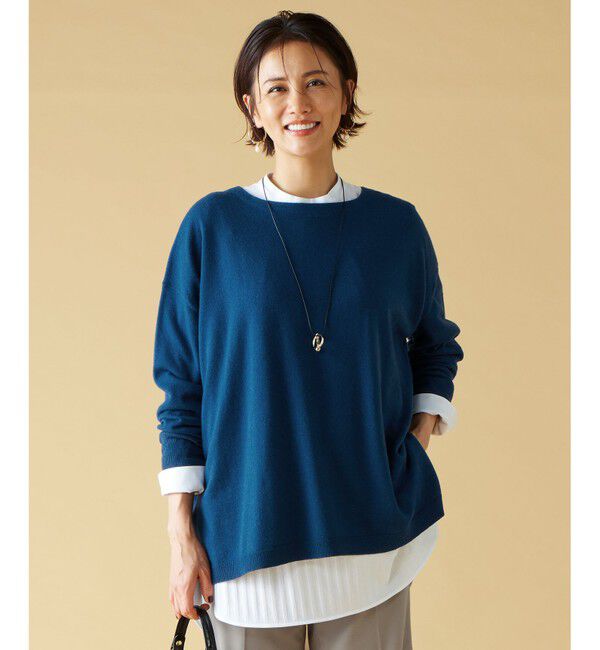 自由区「【洗える】ソフトウールハイゲージポンチョ風 ニット」|ニット・セーター|ブルー系