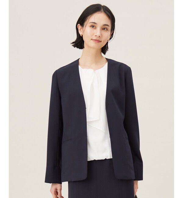 自由区「【セットアップ対応・接触冷感・UVケア・洗える】ライトストレッチノーカラー ジャケット」|ノーカラージャケット|ネイビー