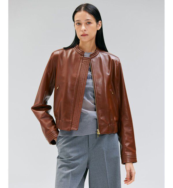 BEIGE,「【andGIRL 秋号掲載】CLYDE / ステッチデザインラムレザーブルゾン」|ノーカラージャケット|Brown