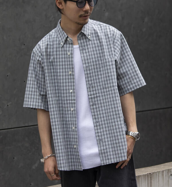 GLOSTER「【GLOSTER/グロスター】チェック半袖シャツ ボタンダウン ワンポイントロゴ刺繍入り」|シャツ・ブラウス|ブルー系その他