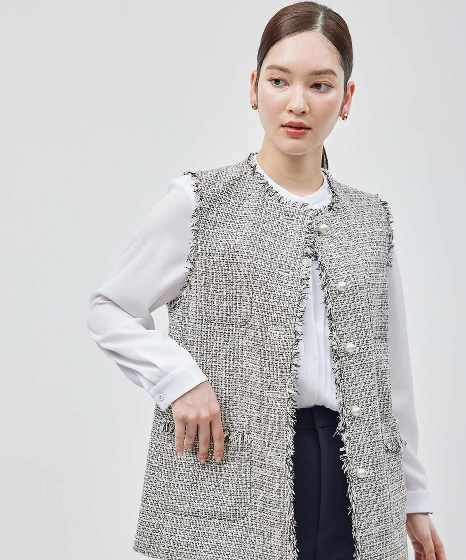 ROPE「ミックスツイード ノーカラージレベスト【セレモニー/通勤対応】」|ベスト・ジレ|ブラック系(02)