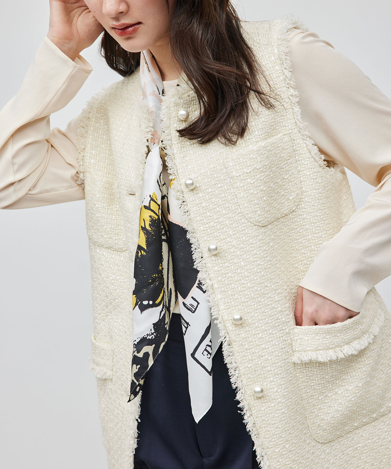 ROPE「ミックスツイード ノーカラージレベスト【セレモニー/通勤対応】」|ベスト・ジレ|