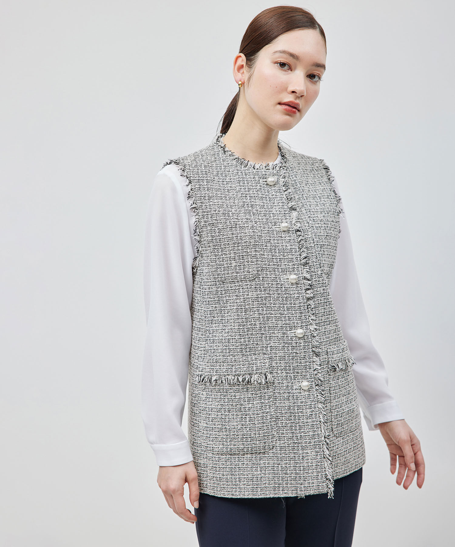 ROPE「ミックスツイード ノーカラージレベスト【セレモニー/通勤対応】」|ベスト・ジレ|