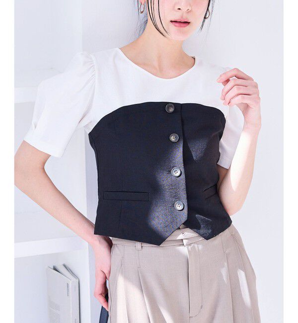 VIS「【新色追加】【美easy】釦ビスチェTシャツドッキングプルオーバー【接触冷感/洗える】」|Tシャツ・カットソー|ブラック(01)