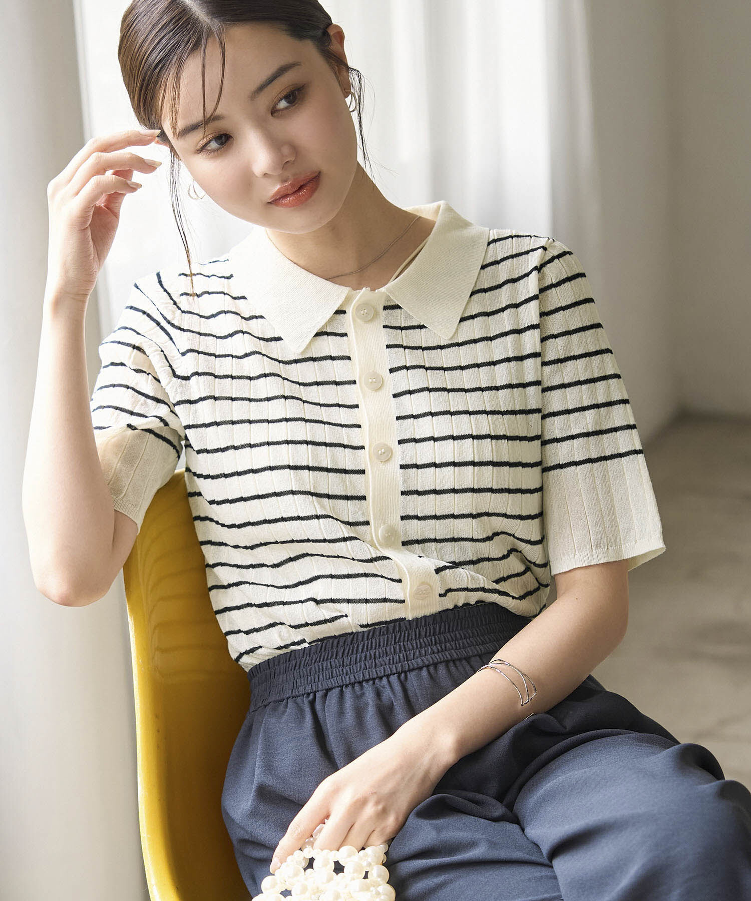 Rope&rsquo;Picnic「ハーフスリーブシアーポロニット」|ニット・セーター|