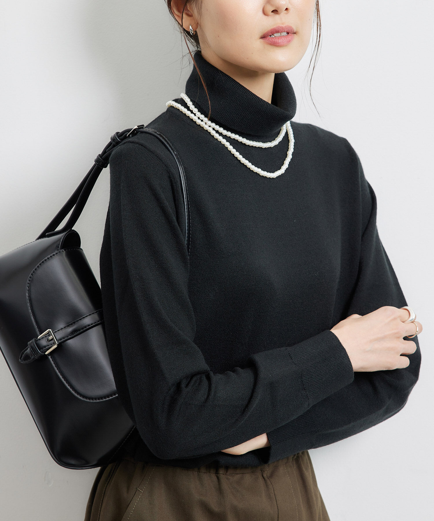 Rope&rsquo;Picnic「天竺タートルネックニットプルオーバー/アンチピリング・帯電防止」|ニット・セーター|ブラック(01)