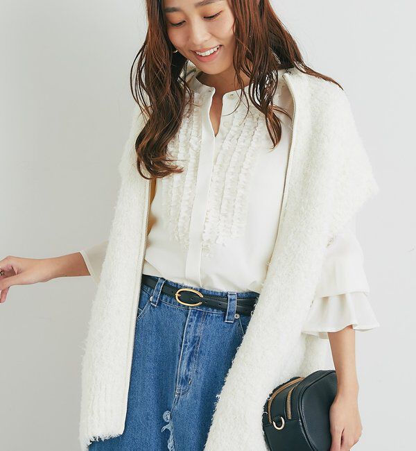  「《こなれカジュアルに◎》カールボアライクニットZIPベスト」|ニット・セーター|オフホワイト