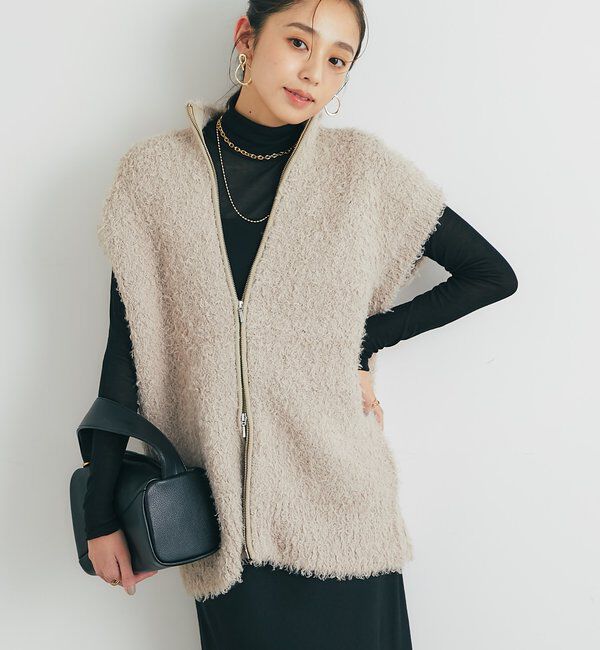  「《こなれカジュアルに◎》カールボアライクニットZIPベスト」|ニット・セーター|ベージュ