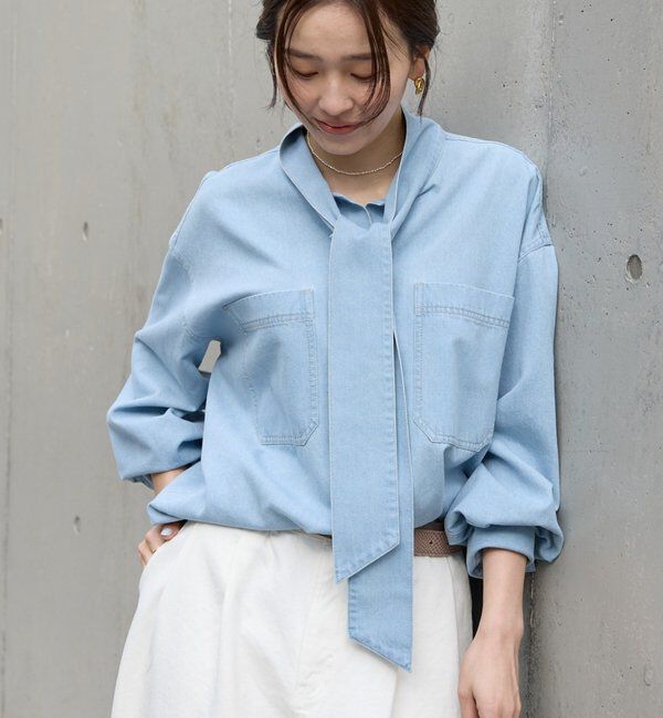  「予約【新色追加/抜け感】デニムボウタイシャツ」|シャツ・ブラウス|スカイブルー