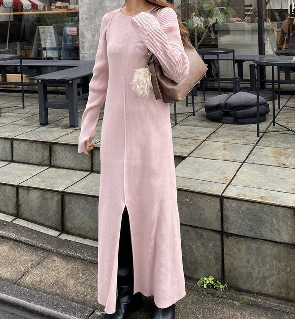  「[mline]カットアウトニットワンピース」|ワンピース|ピンク